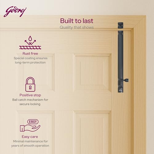 Image of Godrej Door Fittings | 12 inch Tower Bolt | Premium Matte Black Finish | Kundi for Better Grip & Easy Operation-Chitkani /Chitkini for Main Door, Bedroom, Bathroom, Wardrobe | 1 Year Warranty