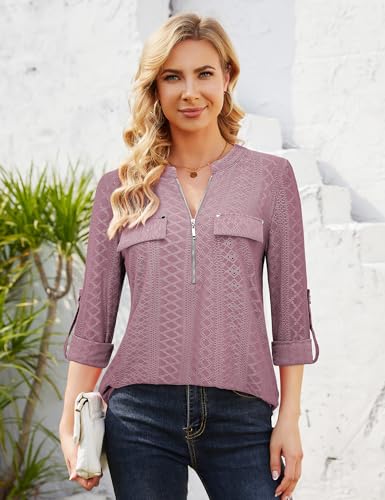 Image of Bulotus 3 /4 Length Sleeve Womens Striped Tops Zipper V Neck Collared Blouses Business Casual Tunics 2026 Spring Trendy