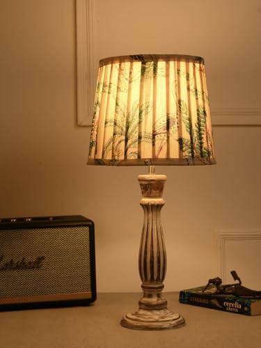 Image of Green Girgit Athens Wooden Lamp in Distress White Color with Pleeted Multiolor Green Shade, Vintage Style Table Lamp with Tropical Print Shade, Decorative Bedroom Lighting (LED Bulb Included)