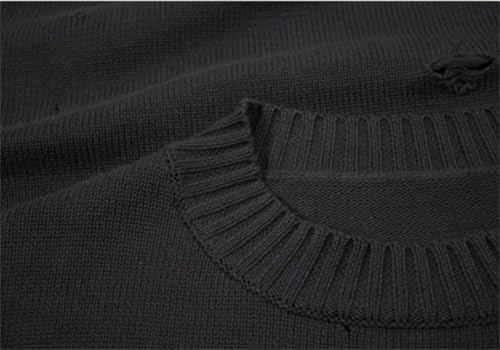 Men Ripped Harajuku Knit Sweater Solid Long Sleeve Crew Neck Hip Hop Pullovers Jumpers3