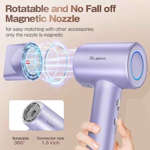 Image of Labiim Hair Dryer, High-Speed Ionic Blow Dryer 110,000 RPM Brushless Motor for Fast Drying, 200M Ions Frizz & Thermo-Control HairDryer with Magnetic Nozzle, Quiet Compact for Home Travel, Purple
