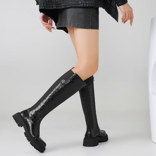 Image of TEAIEU Knee High Boots for Women, Platform Chunky Block Low Heel Tall Boots, Round Toe Side Zipper Fall Long Boots for Dress, Stretch Calf, Comfortable