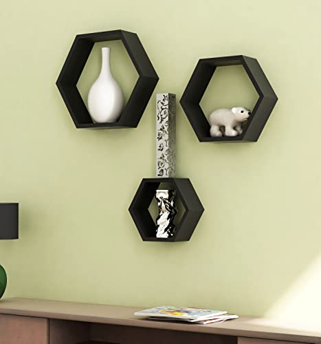 Image of Home Sparkle Wooden Hexagonal Shaped Wall Shelf Set of 3 | Decorative Shelves for Bed Room, Living Room, Office, Restaurant | Modern Unique Designer Wall Shelf Rack for Home |