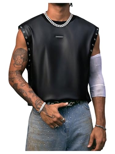 Men's Grunge PU Leather Tank Top Crew Neck Sleeveless Eyelet Grommets Summer Tank Shirt Streetwear