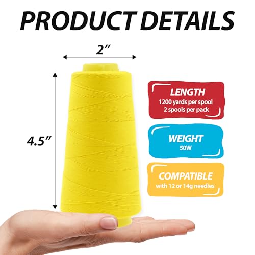 Image of Mandala Crafts Yellow Thread Cones for Machine and Hand Quilting - 2400 Yds 50 WT Multiple Purpose Mercerized 100% Cotton Threads for Sewing Machine Serger Embroidery