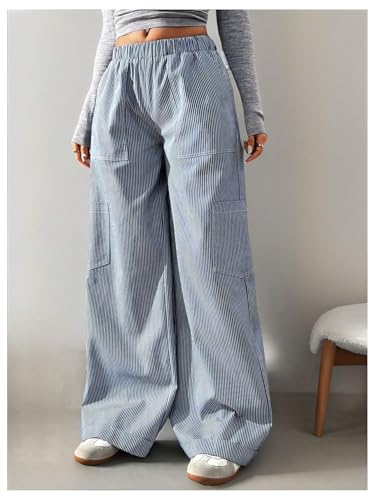 MakeMeChic Women's Elastic Waist Striped Pants Wide Leg Baggy Trousers with Pocket4