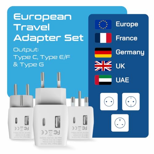 Image of Ceptics Complete European Set Travel Adapter Plug by Ceptics With Dual USB - Type G, E /F, C - London - USA Input - Light Weight - Perfect for Cell Phones, Chargers, Cameras and More - 3 Pack