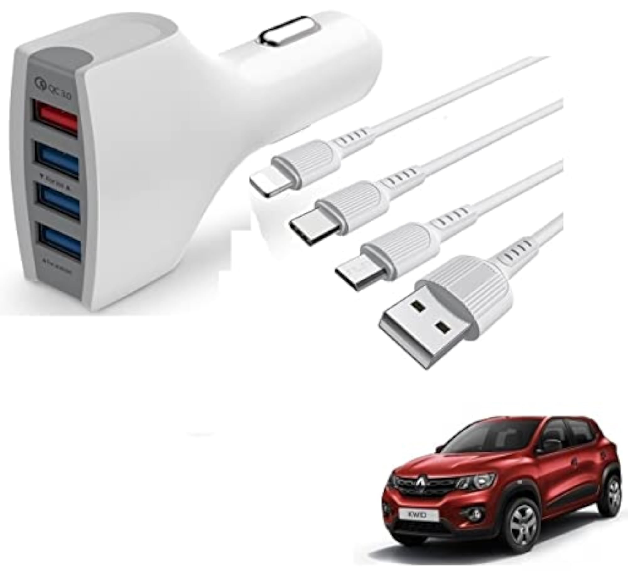 4 Port USB Car Charger with 3 in 1 Cable for Renault Kwid