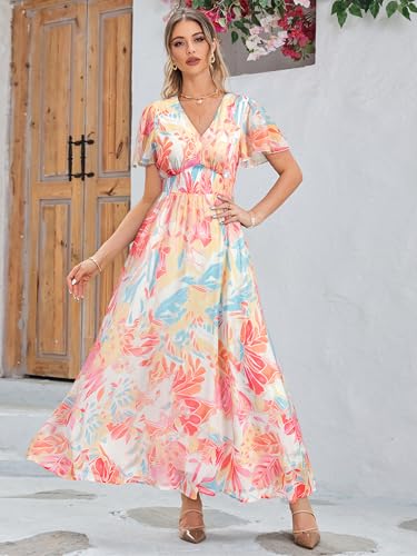 Image of Simplee Women's Boho Floral Maxi Dress Flowy Casual V Neck Short Sleeve Wedding Guest Holiday Beach Long Dress