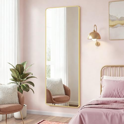 SONGMICS Full Length Hanging Mirror, 120 x 40 cm, Rectangular Full Body Mirror, Over the Door or Wall Mounted Mirror, Tempered Glass, for Bedroom, Living Room, Cloakroom, Pale Gold LFM032AB01