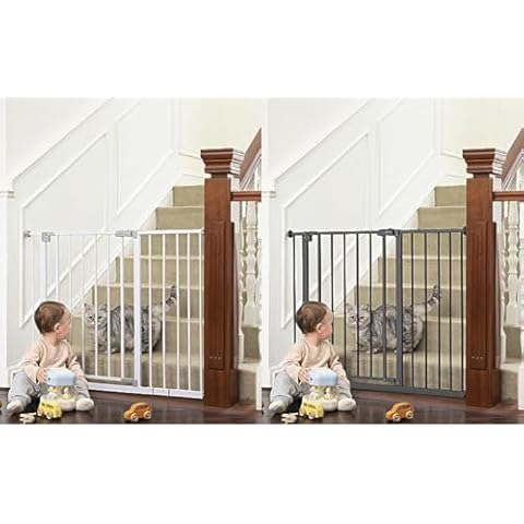 InnoTruth Baby Gate for Stairs 28.9-42.1" Wide, 30" Tall Easy Step Walk Through Dual Lock Dog Gates for The House, Metal Pressure Mounted Easy Install Pet Gate for Dogs, White/Black Cover