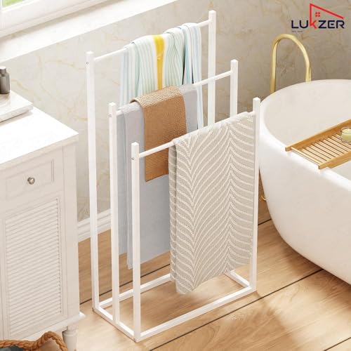 Image of Lukzer Premium Metal Towel Rack | 3-Bar Sturdy Free-Standing Garment Organizer Stand | Multi-Functional & Versatile for Towels, Clothes, and Accessories (MGS-007 /White /45x22x85 cm)