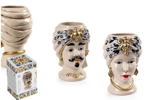 Mondocreazioni Coppia teste di moro regina e re in ceramica decorata stile siciliano vasi moderni gic (8 X H 13 CM, Oro)
