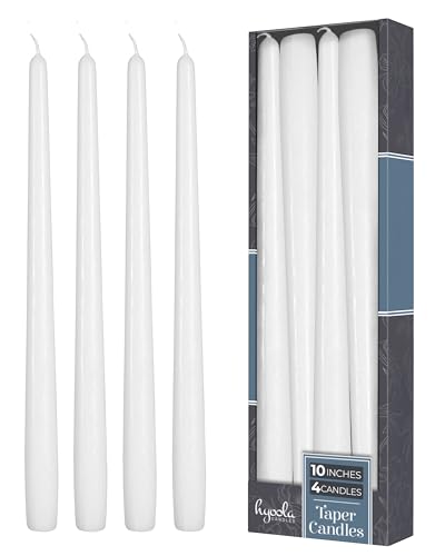 Hyoola Tall Taper Candles - 10 Inch White Unscented Dripless Taper Candles - 8 Hour Burn Time - 4 Pack