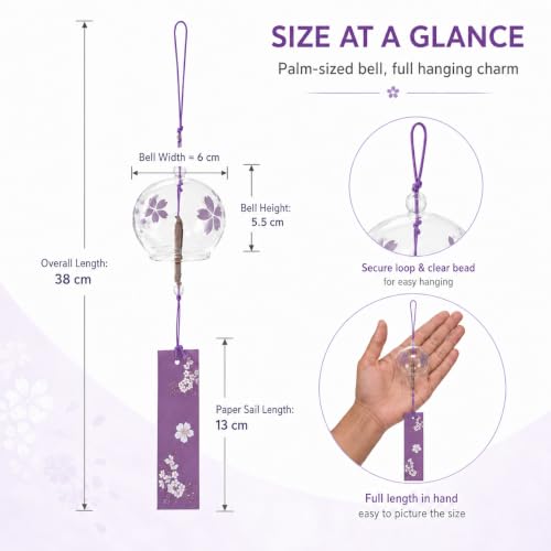 Image of Artibetter Japanese Glass Wind Chime Hanging Bell with Cherry Blossom Design | Handmade Furin Wind Bell for Home, Balcony, Garden, Patio, Window & Gift Decor (Purple)
