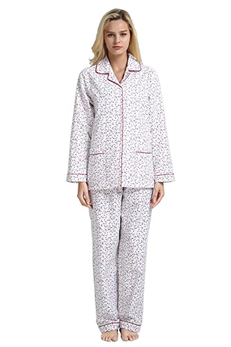 GLOBAL Conjunto de Pijama Algodón para Mujer Franela Suave Floral de Manga Larga Con Botones Ropa de Dormir Con Cordón Transpirable S-XXL