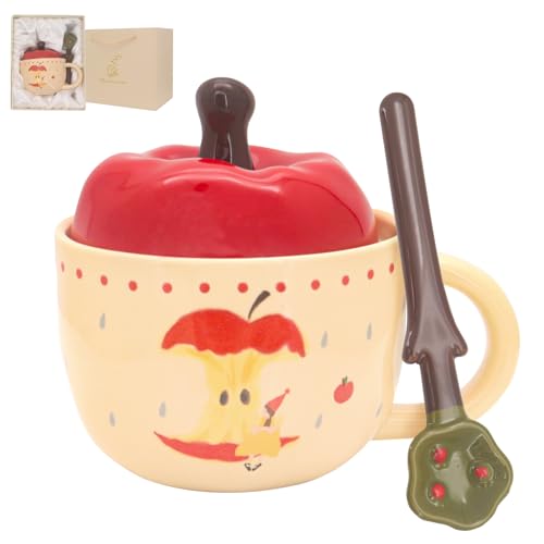 Seahelms Cute Mugs with Gift Box 420ml Apple Shape Coffee Mugs with Lids, Ceramic Coffee Tea Cup, Gifts for Women Her, Christmas Birthday Presents for Girls Friend Best Friend Sister Kids Wife