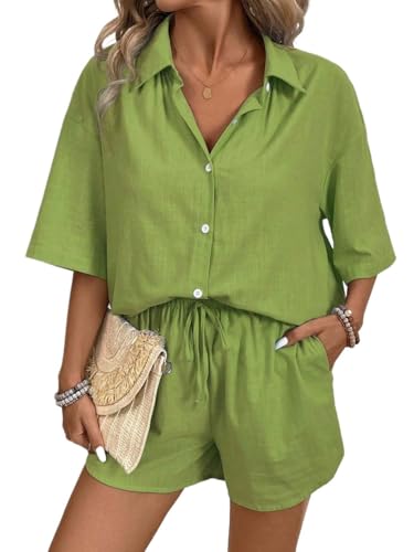 Womens 2 Piece Outfits Set - Casual Lime Green Blouse