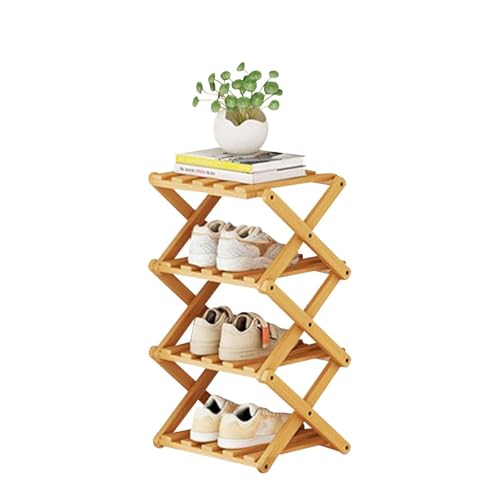 AUTUUCKEE Zapatero vertical de 4 niveles pequeño, portátil, plegable, zapatero pequeño sin instalación para pasillos, esquina de sala de estar, dormitorios y espacios pequeños (madera)