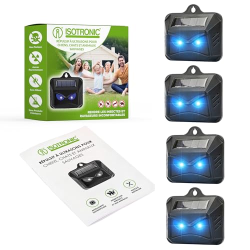 ISOTRONIC Répulsif Solaire Contre Les Animaux Sauvages - 4 Répulsifs avec Lumière LED Bleue - Protection Contre Ratons Laveurs, Chevreuils, Renards,...