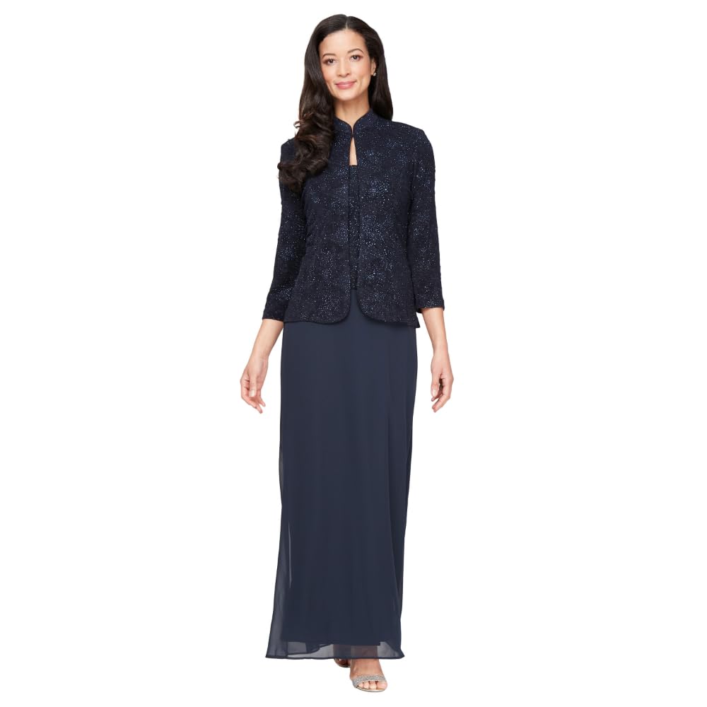 Alex Evenings Women's Long Dress with Mandarin Neckline Jacket (Regular Petite Plus) Special Occasion, Navy, 18