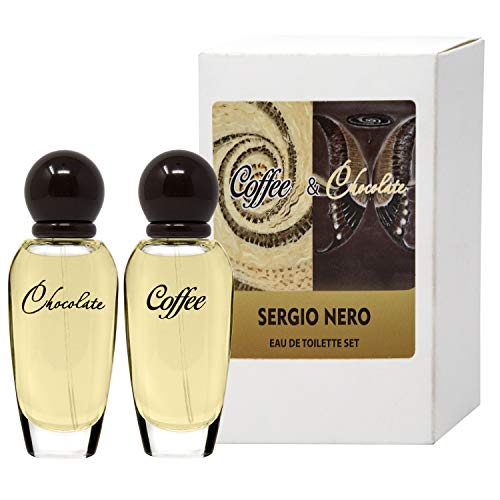 SERGIO NERO  Set de perfume Café & Chocolate para Mujeres: 2 frascos de agua de tocador, cada frasco con un vólumen de 30 ml  Un regalo excelente para los amantes de las fragancias dulces golosas