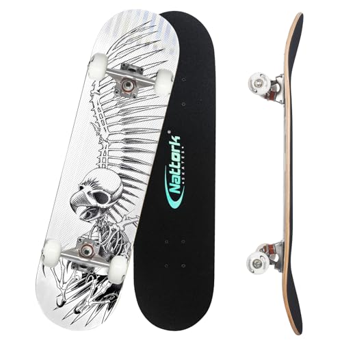 Nattork 31" Complete Skateboard with Glow-in-the-Dark Logo, Aluminum Trucks and PU Wheels on a 9-Layer Maple Deck Beginner Gift Skull-Eagle