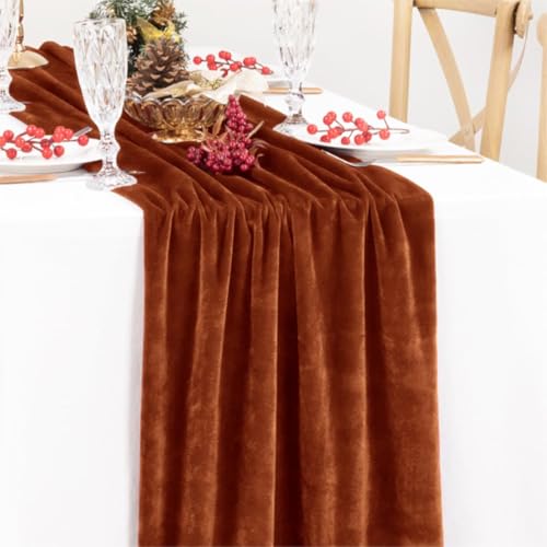 Image of Velvet Table Runner 10ft Luxury Wrinkle Resistant Velvet Fabric, Terracotta | Smooth Texture, Fade & Pilling Resistant, Rich in Luster, for Wedding Holiday Kitchen and Dining Table Decor, 20x120 Inches