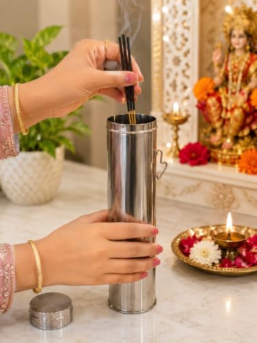 Image of CM Stainless Steel Agarbatti Holder | 25 cm Cylindrical Storage Container with Secure Lid | Silver Incense Stick Holder for Home Temple Pooja Room and Daily Worship