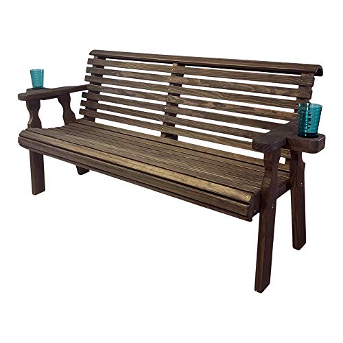 Amish Casual Heavy Duty Pressure Treated 4 Foot Outdoor Garden Bench with Cup Holders - Amish Crafted Roll Back Design in Dark Walnut Stain, 700 Lb Weight Capacity
