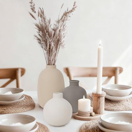 Modern Ceramic Vase Set of 5, Vases Home Decor Rustic Farmhouse Decorative Vase Pottery Vases for Bouquet Pampas Grass Dried Fresh Flowers, Table Living Room Kitchen Bedroom - Thumbnail 5