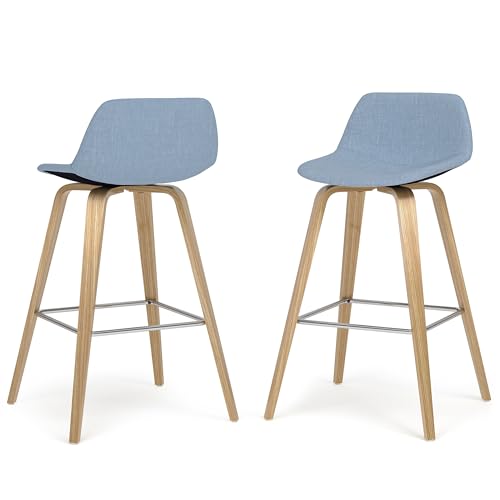 SIMPLIHOME Randolph Counter Stools (Set of 2) - 28 Inch Seat Height Upholstered Bentwood Kitchen Seats in Denim Blue Polyester Linen, Mid Century Modern Seating with Curved Backrest and Footrest