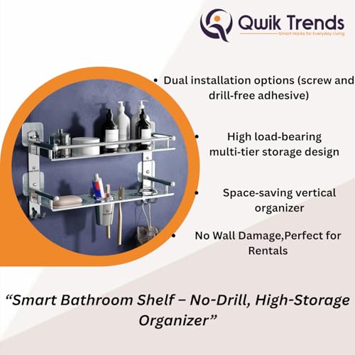 Image of Bathroom Organizer Without Drill - Corner, Shelves, Rack, Shelf, Storage, Wall, Racks and Adhesive, Mounted, self Holder, soap, Stand Bathroom Accessories (Double Layer(5 in 1))