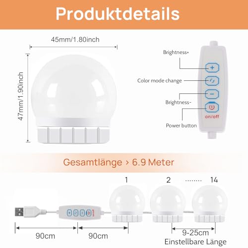 Akynite Spiegelleuchte Hollywood 14 LED Birnes, 3 Farbwechsel und 10 Helligkeit, Spiegellampe USB mit Schalter und Kabel, Schminktisch Beleuchtung Dimmbar, DIY Licht für Kosmetikspiegel Bad