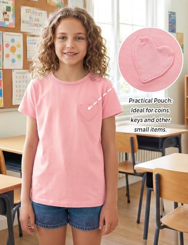 Image of Noomelfish Girls Short Sleeve Heart Pocket T-Shirts Casual Cotton Tee Tops Blouse (5-12 Years)