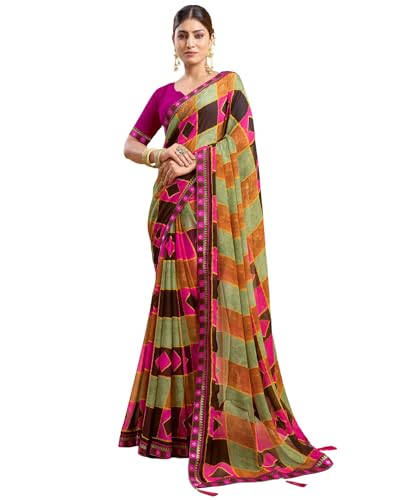 Image of SIRIL Women's Printed Chiffon Saree with Unstitched Blouse Piece