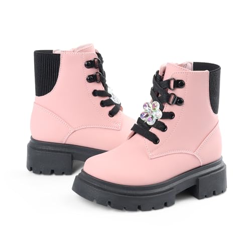 Wulubaba Girls Dress Ankle Boots Side Zipper Lace Up Combat Boots for Toddler/Little Kid/Big Kid,Pink,8