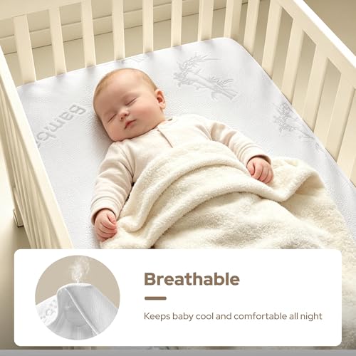 Image of BEDLORE Waterproof Crib Mattress Protector 2 Pack, Ultra Soft Bamboo Viscose Crib Mattress Pad Cover, Noiseless Toddler Mattress Protector for Standard Baby Bed Size 52''x28'', White