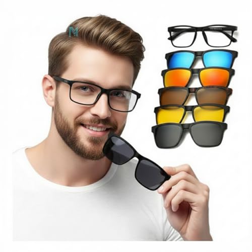 Image of 5 Different color Magnetic Clip-On Rectangular Eyeglasses for Men & Women | UV400 Protected Non-Polarized Sunglasses | Night Driving Yellow Lens | Medium Size | Pack of 5 Clip's.