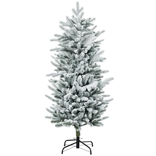 HOMCOM 4.5ft Tall Flocked Artificial Christmas Tree Holiday Décor with 267 Snow Branches, Auto Open, Steel Base, Green