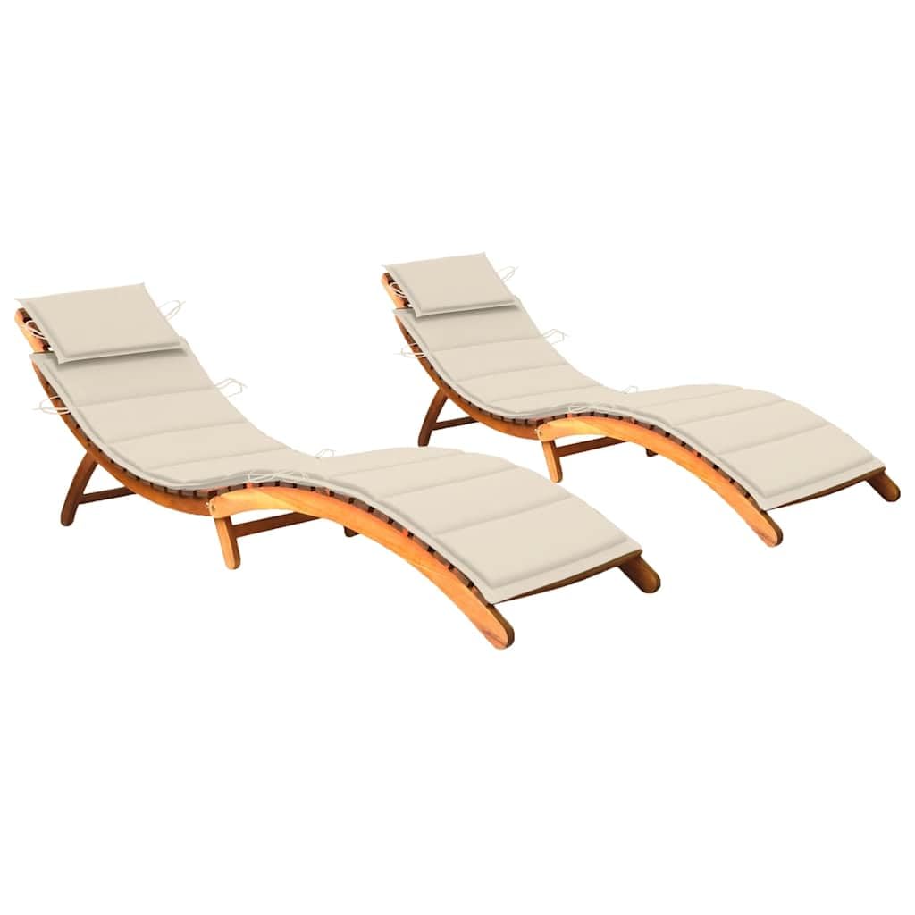 Set di 2 lettini prendisole in legno di acacia massiccio con cuscini, pieghevoli per terrazza e giardino, impermeabili e salvaspazio, portata fino a 110 kg