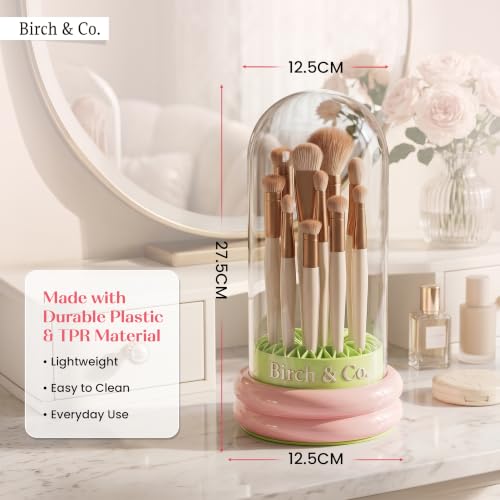 Image of Birch & Co. 4-in-1 Makeup Brush Holder Organizer with Dustproof Lid,Silicon Brush Cleaning Mat & Hanging Drying Rack, Portable Makeup Organisers Case for Sponges, Puffs & Brushes, Pink & Green