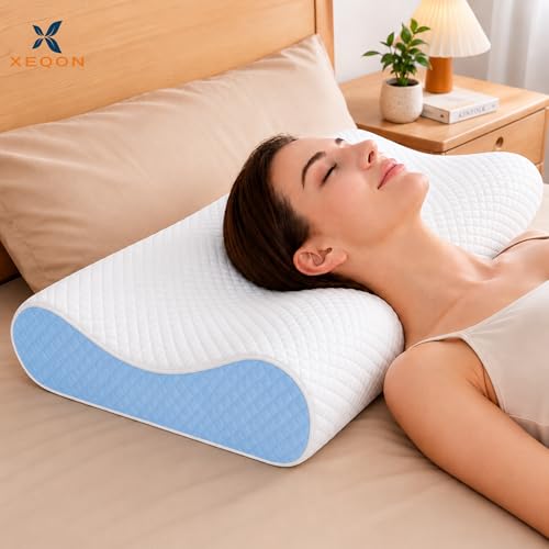 Image of Memory Foam Cervical Pillow for Neck Pain Relief Ergonomic Contour Design for Back & Side Sleepers Breathable Washable Cover Neck Support Sleeping Pillow (Sky Blue)