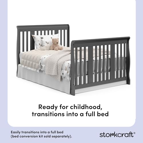 Image of Storkcraft Portofino 5-in-1 Convertible Crib and Changer - Crib and Changing Table Combo with Drawer, Converts to Toddler Bed, Daybed and Full-Size Bed, Storage Drawer (Gray)