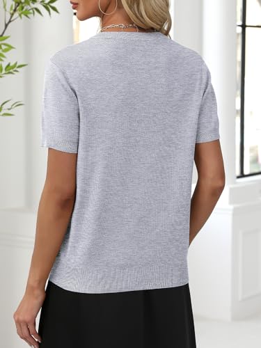 Image of ANRABESS Women Wool Blend Sweater Summer 2026 Short Sleeve V Neck Pullover Top Business Casual Outfit Beach Vacation Clothes