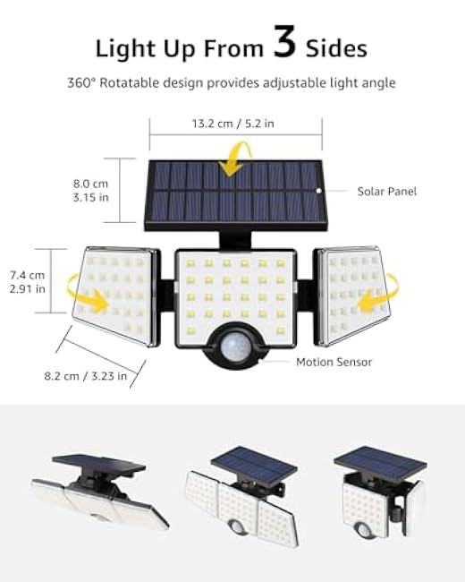 LE Solar Lights for Outside, Solar Lights Outdoor with Motion Sensor, WL4000 High Brightness, 3 Adjustable Heads 270¡ã Wide Lighting Angle, IP65 Waterproof, Wireless Wall Lamp for Yard Garage, 2 Packs