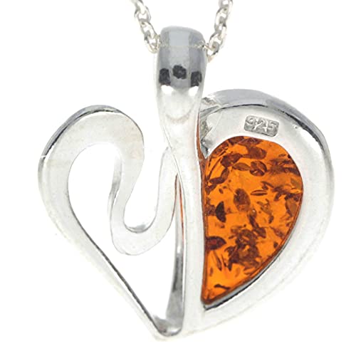 Genuine Cognac Baltic Amber & Sterling Silver Modern Heart Pendant without Chain - GL20153