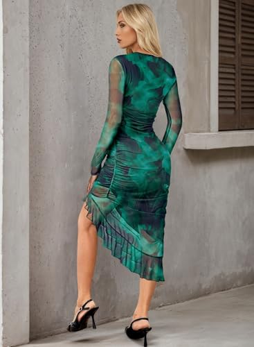 Pink Queen Women's Sexy Mesh Bodycon Dress Fall Long Sleeve Asymmetric Hem Ruffle Floral Print Party Club Ruched Midi Dresses4