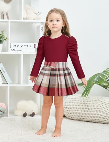Image of Fuermos Toddler Girl Clothes Puff Sleeve Top and Pleated Girls Plaid Skirt Set 2PCS Girls Outfits Fall Winter
