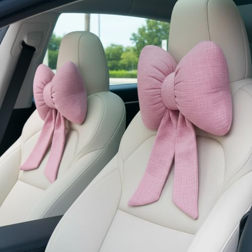 Macarrie 2 Pcs Car Neck Pillow Breathable Bow Headrest Pillow Comfortable Seat Neck Support Cute Bow...